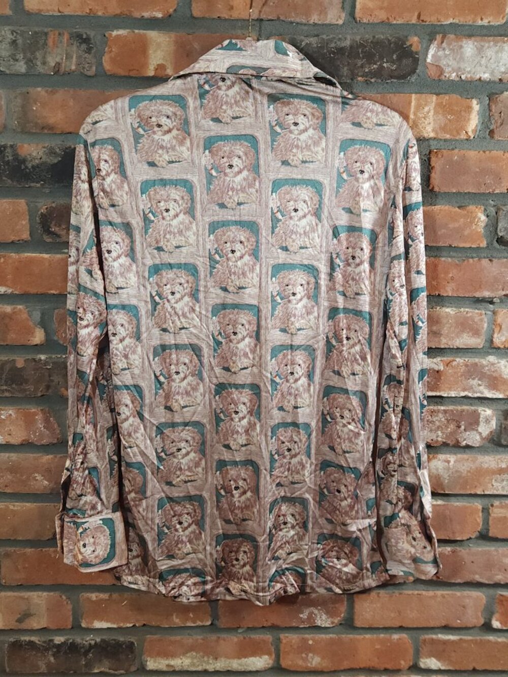Vintage Huk-a-Poo Nylon Dog Print Button-front Shiny Disco Shirt 70s Women's M/L - Picture 5 of 7